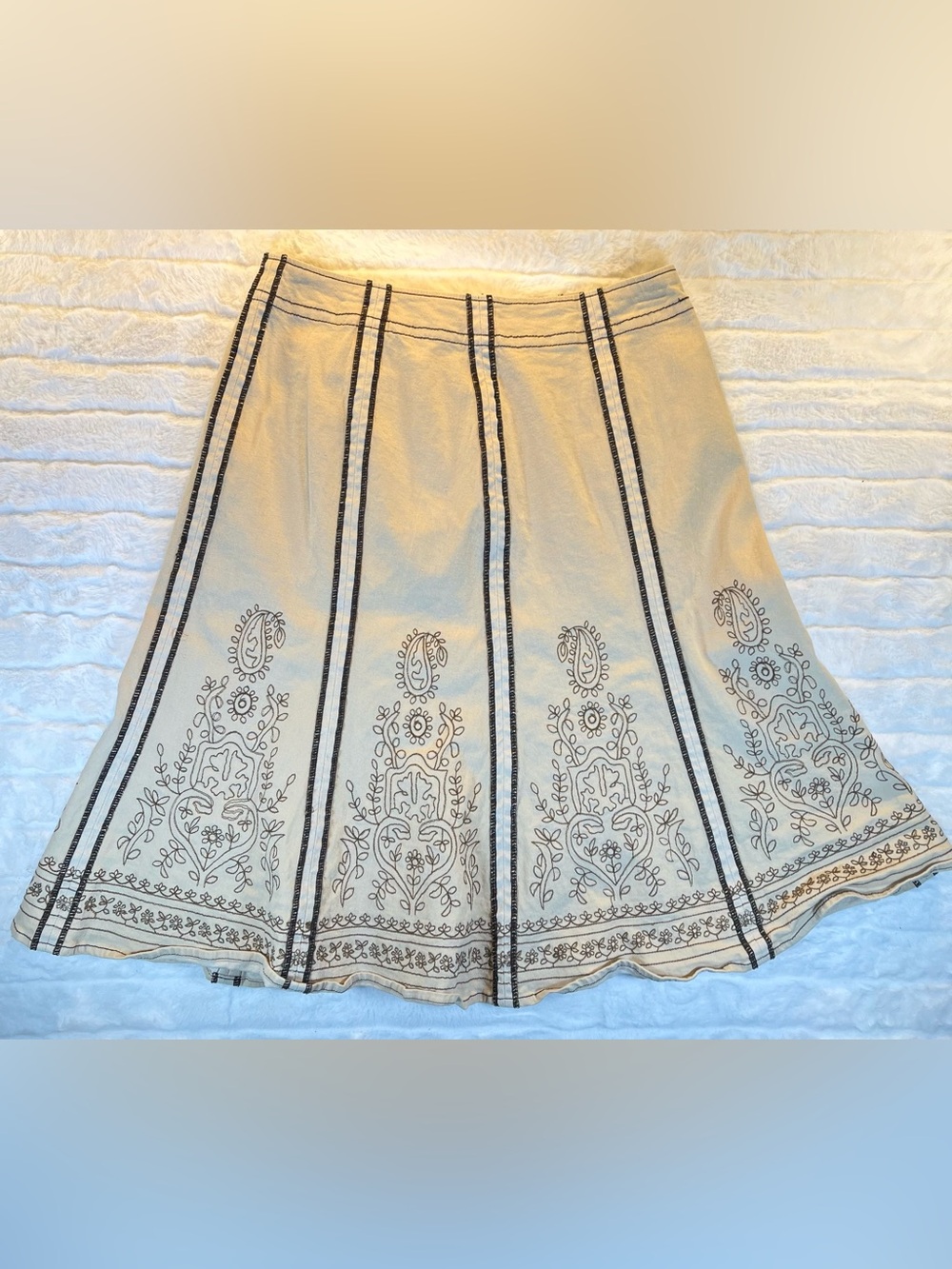MOTTO Embroidered A-Line Denim Paneled Skirt Off-White Cottagecore Boho S/M